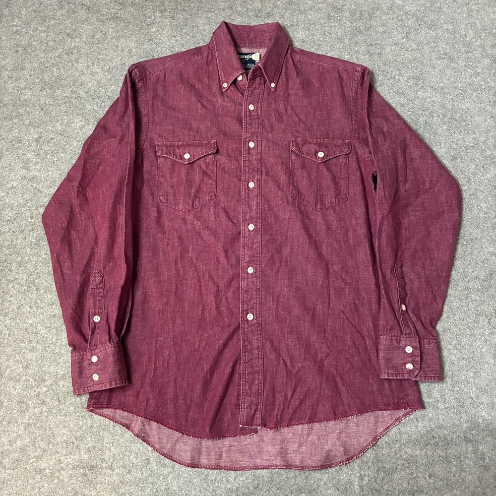 Vintage 80s Wrangler Cowboy Cut Chambray Work Utility Shirt Mens M Maroon USA